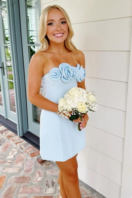 Pretty Satin 3D Florals Strapless Mini Party Homecoming Dress
