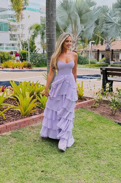 Pretty Sweetheart Spaghetti Straps Chiffon A-Line Tiered Party Prom Dress