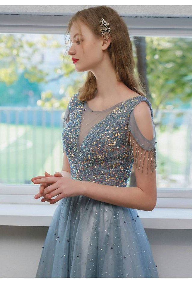 Princess Dusty Blue Illusion Neck Beading Party Dress