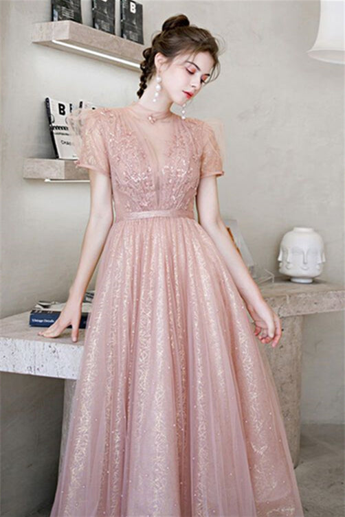 Princess High Neck Pink Midi Party Dress