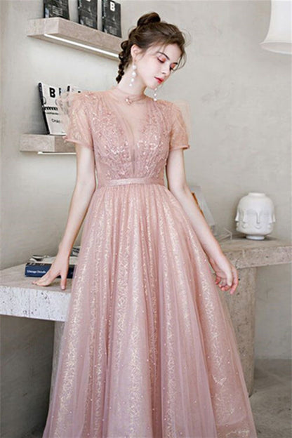Princess High Neck Pink Midi Party Dress