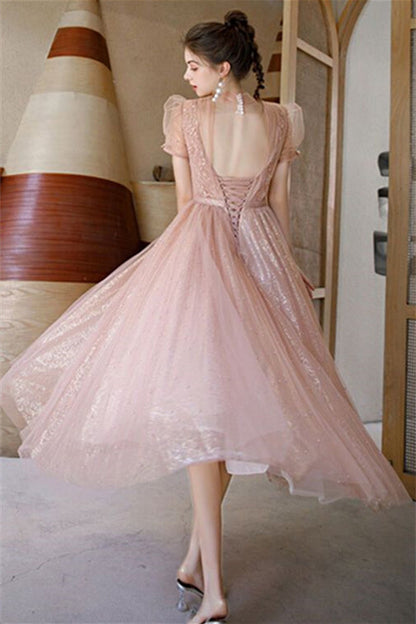 Princess High Neck Pink Midi Party Dress