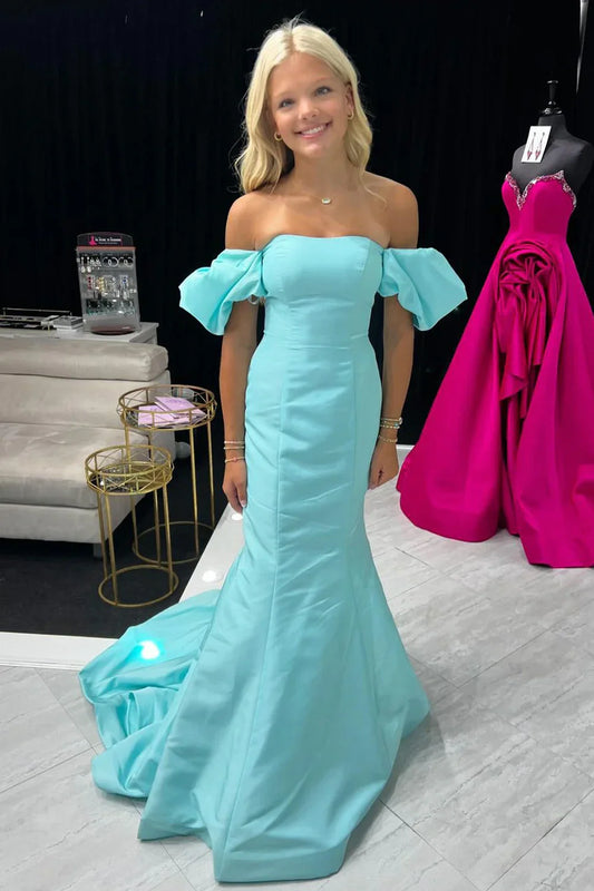 Puff Sleeves Mermaid Satin Empire Party Prom Dress With Train