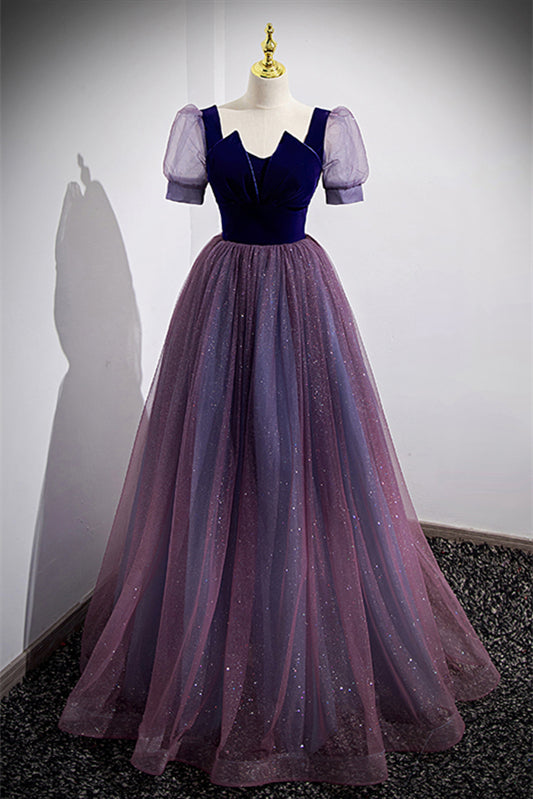 Glitter Tulle A-Line Short Sleeves Dream Purple Prom Dress
