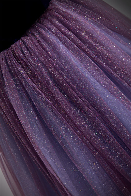 Glitter Tulle A-Line Short Sleeves Dream Purple Prom Dress