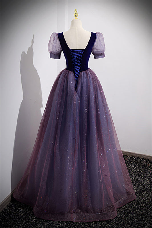 Glitter Tulle A-Line Short Sleeves Dream Purple Prom Dress