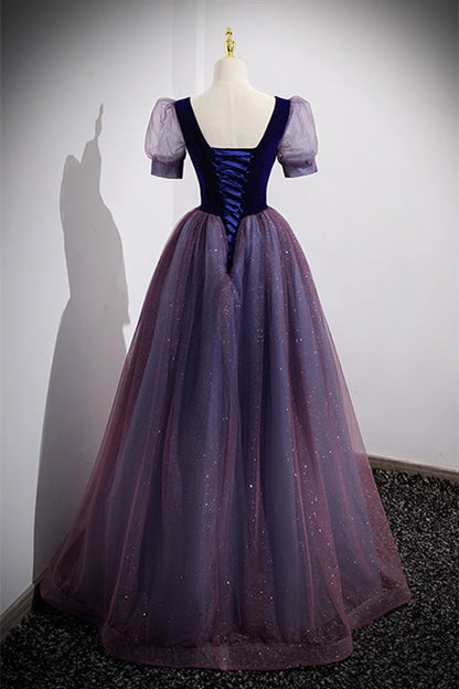 Glitter Tulle A-Line Short Sleeves Dream Purple Prom Dress