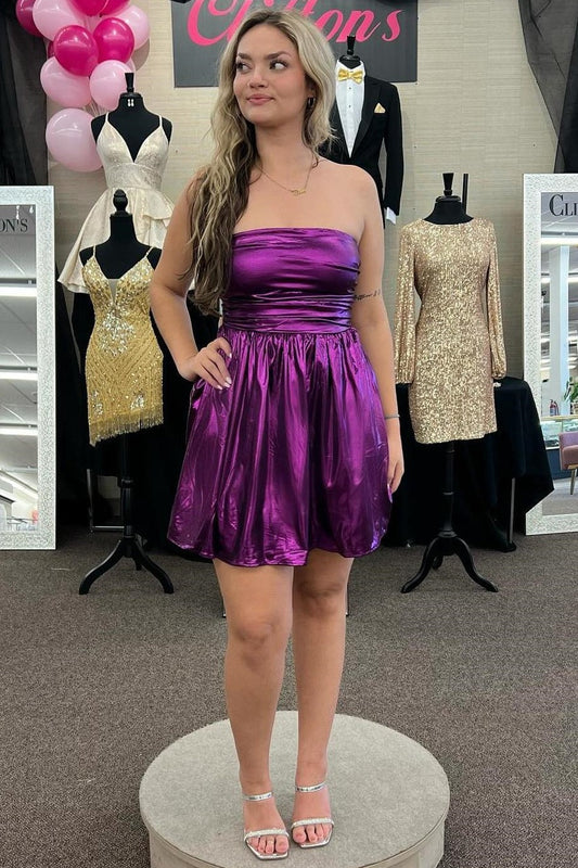 Purple Satin A-Line Strapless Lace Up Homecoming Dress