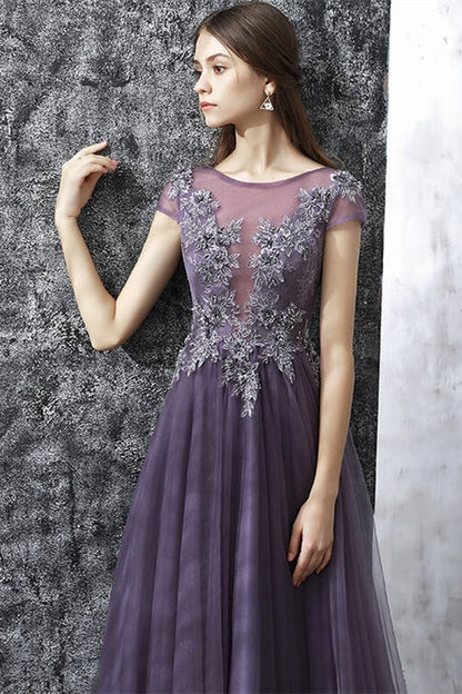 Cap Sleeves Scoop Tulle A-Line Lace Appliques Prom Dress