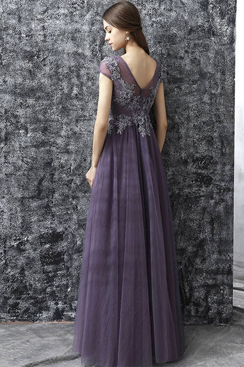 Cap Sleeves Scoop Tulle A-Line Lace Appliques Prom Dress