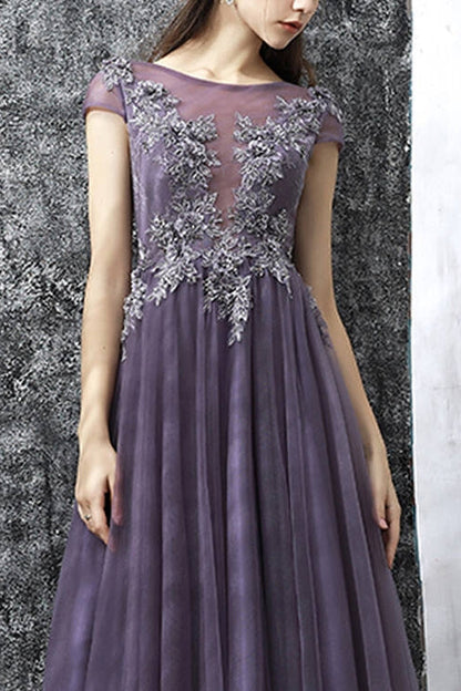Cap Sleeves Scoop Tulle A-Line Lace Appliques Prom Dress
