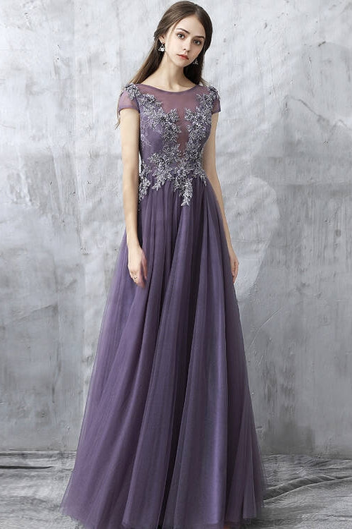 Cap Sleeves Scoop Tulle A-Line Lace Appliques Prom Dress