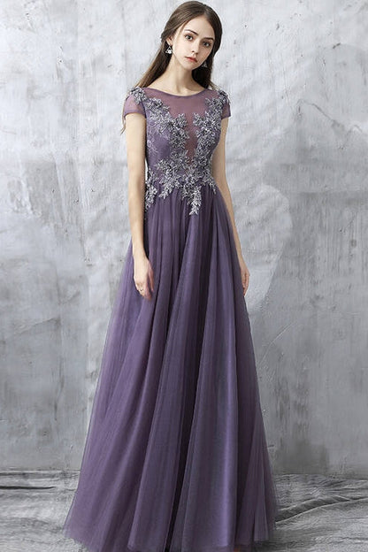 Cap Sleeves Scoop Tulle A-Line Lace Appliques Prom Dress