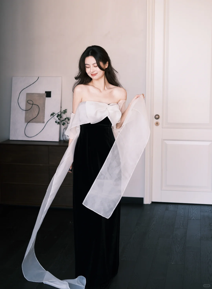 Cute A Line Off the Shoulder White Organza Black Velvet Long Prom Dress SH4583