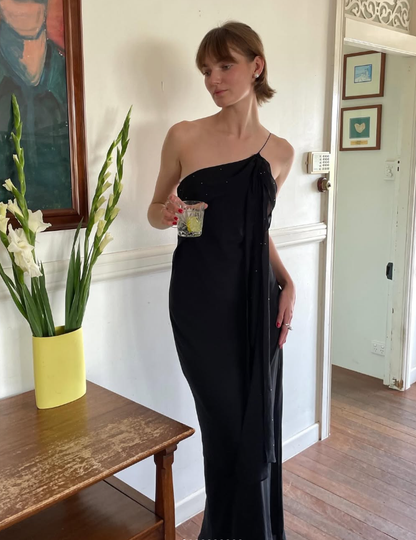 Sexy Sheath Spaghetti Strap Beaded Black Chiffon   Long Prom Dress Prom Dress SH2650