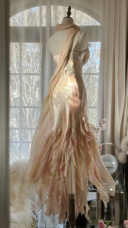 Fairy Mermaid Spaghetti Strap Beaded Ruffle Chiffon Long Prom Dress Evening Dress SH2981