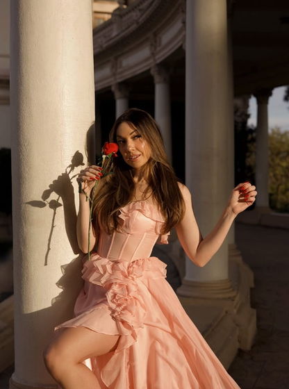 Princess A Line Sweetheart Neck Ruffle Light Pink Tulle Prom Dress Evening Dress with Slit SH2196