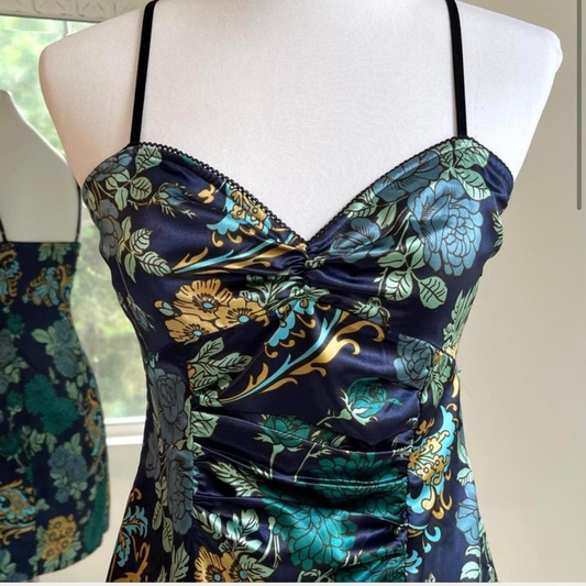 Vintage Navy Blue Straps Satin Print Floral Formal Graduation Homecoming Dress Short Cocktail Dress D150