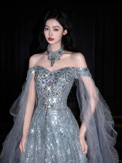Shiny Exquisite Beaded A Line Off the Shoulder Grey Tulle Long Evening Dress Ball Gown SH3488