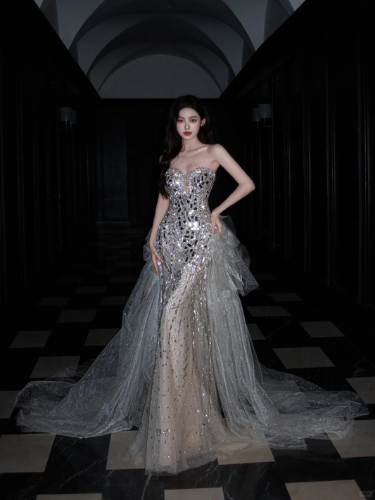 Exquisite Silver Sequin Beaded Mermaid Sweetheart Neck Long Date Dress Evening Dress Prom Dress SH3443