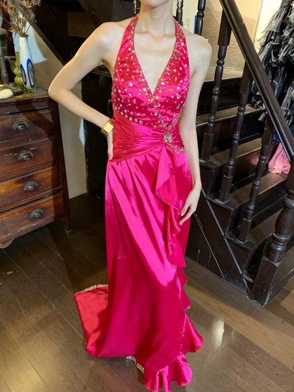 Barbie Pink Retro Mermaid Halter Beaded Ruffle Satin Party Dress Evening Dress SH3369