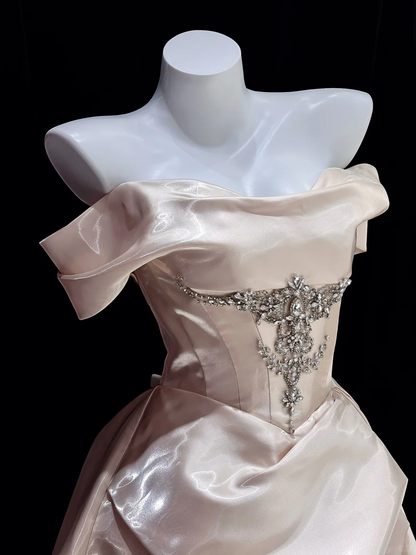 Gentle A Line Off the Shoulder Rhinestone Satin Long Prom Dress Evening Dress SH5008