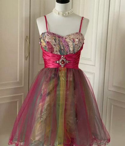 Vintage Spaghetti Straps Tulle Sequin Beaded Mini Homecoming Dress Party Dress S542
