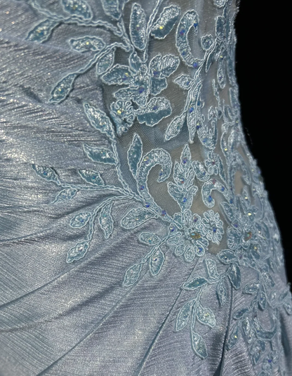Elegant Spaghetti Straps Blue Satin Appliques Sequin Mermaid Long Wedding Guest Dress Evening Dress D1846
