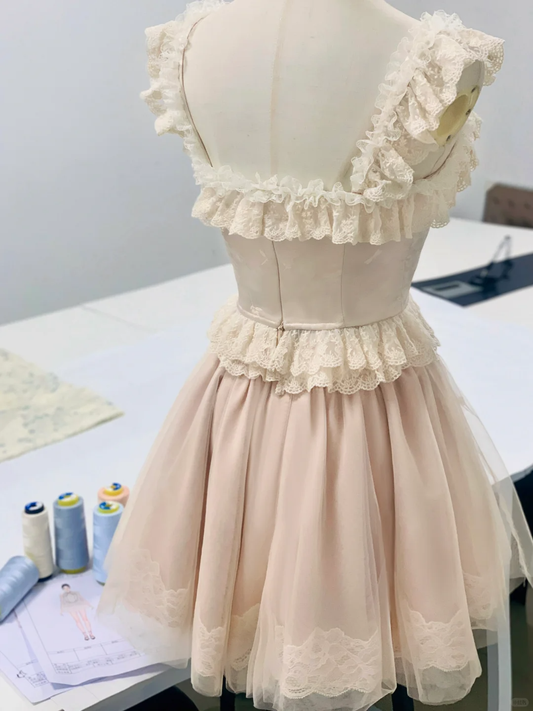 Cute Light Blush Pink Tulle Lace A Line Birthday Dress Formal 6th Grade Homecoming Dress S963