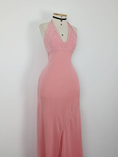 Retro A Line V Neck Pink Beaded Chiffon Prom Dress Evening Dress SH3367
