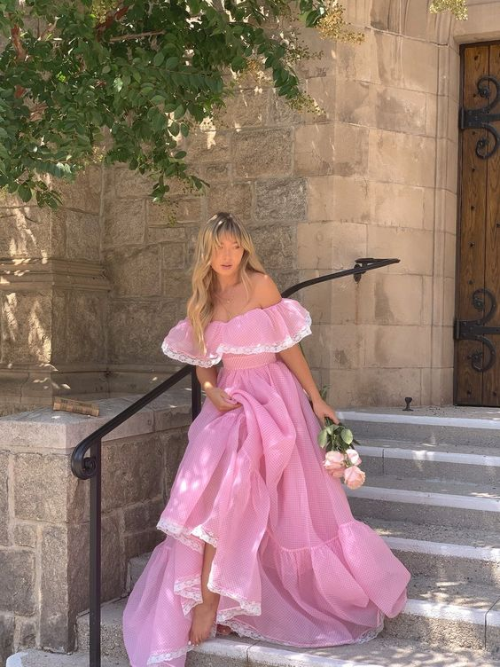 Pink Tulle Off The Shoulder Lace  Long Prom Dressï¼_legant Evening Dress SH716