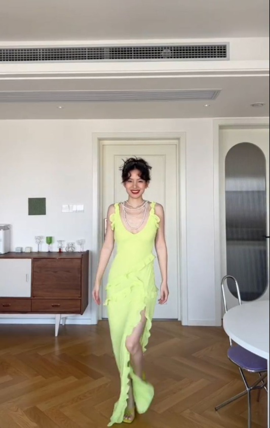 Chic V Neck Lime Green Satin Ruffled Mermaid Party Dress Slit Long Evening Gown D993