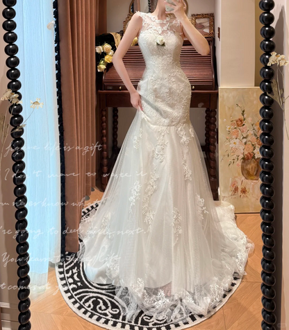 Vintage Mermaid Round Neck White Lace Prom Dresses 18th Birthday Dresses SH4643