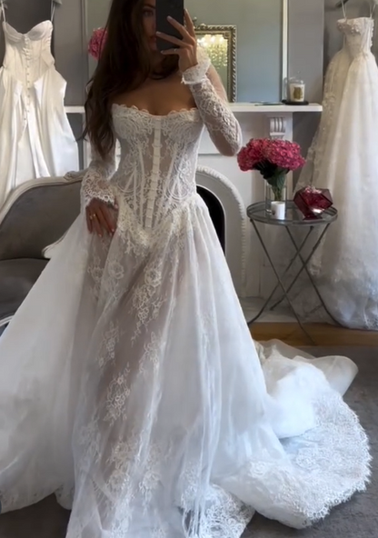 Elegant Long Sleeves White A-Line Lace Long Wedding Dress Bridal Dress, D954