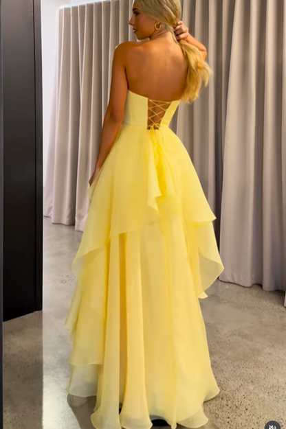 A-Line Strapless A-Line Tiered Party Prom Dress With Slit