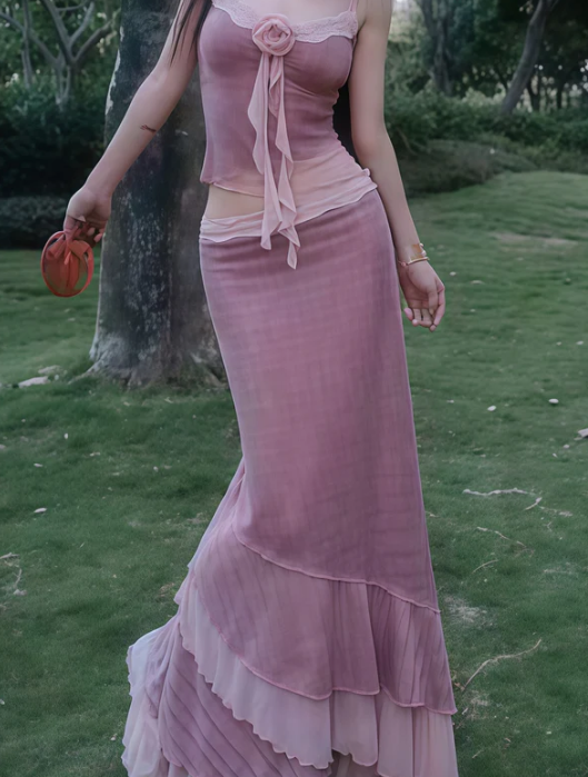 Dusty Pink Two Pieces Mermaid Chiffon Long Party Dresses Wedding Guest Dress, D1025