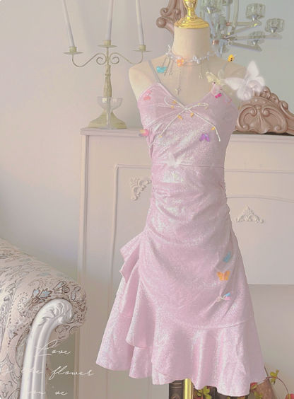 Cuteute Homecoming Dress Spaghetti Straps Sequins Pleated Prom Dress Back to School Outfits Party Dress  D6119