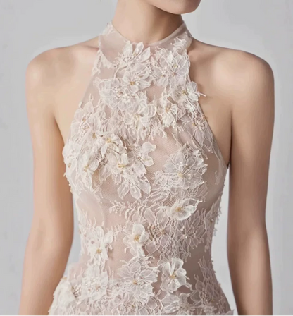 Elegant Homecoming Dress Halter Lace Applique Dress Back to School Outfits Party Dress  D6328