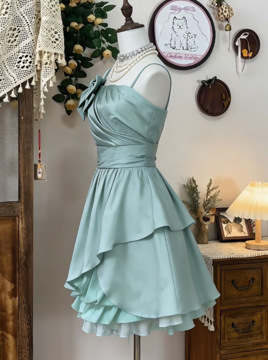Chic Homecoming Dress Spaghetti Strap Bowknot Pleated Back to School Outfits Party Dress  D6624