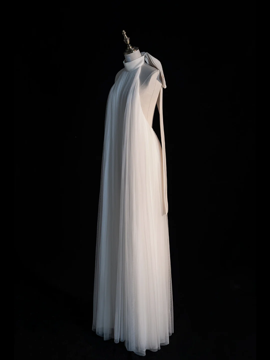 Simple A Line Halter White Tulle Long Open Back Party Dress Evening Dress SH2814
