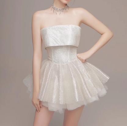 Cute Beige Sequin Ruffled Hem Design A-line Satin Strapless Party Dress Homecoming Dress, D1372