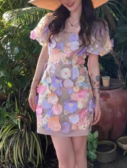 Colorful Applique Design A-line Short-sleeved Party Dress Homecoming Dresses D1447