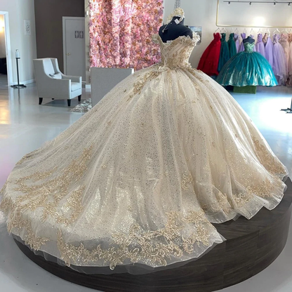 Sparkly Off Shoulder Champagne Quinceañera Dress Party Ball Gown     fg2471