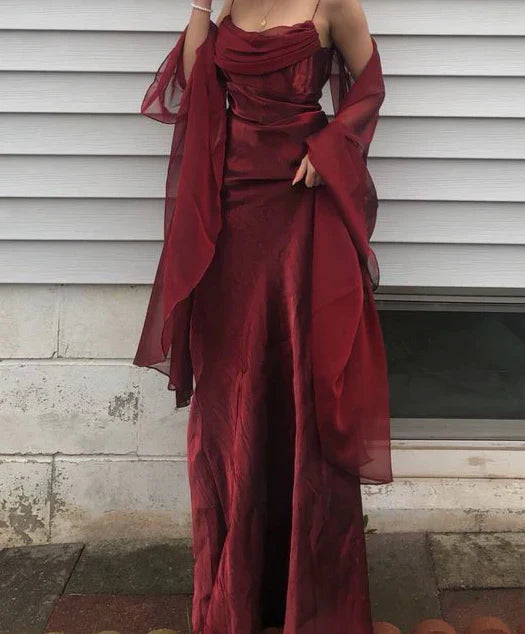 Simple Burgundy A Line Spaghetti Straps Chiffon Satin Long Prom Dress Evening Dress SH3648