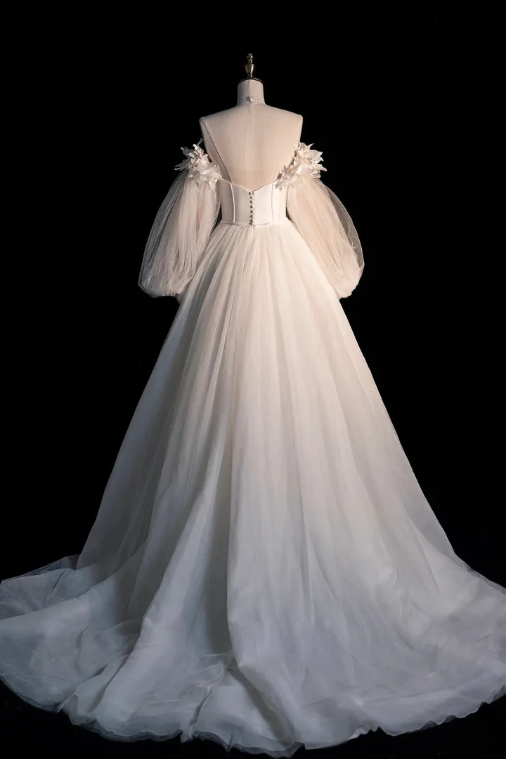 Champagne tulle long A-line prom dress champagne evening dress     fg2225