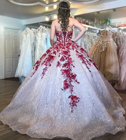 Quinceanera Dresses Appliqued Sequins Sweetheart Tulle Floor Length Sweet 16 Dresses Vestidos De Ball Gown Prom Dress     fg4170