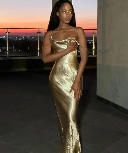 Elegant Satin Backless Maxi Dress For Women Spaghetti Strap Sleeveless Night Club Long Prom Party Dress      fg6148