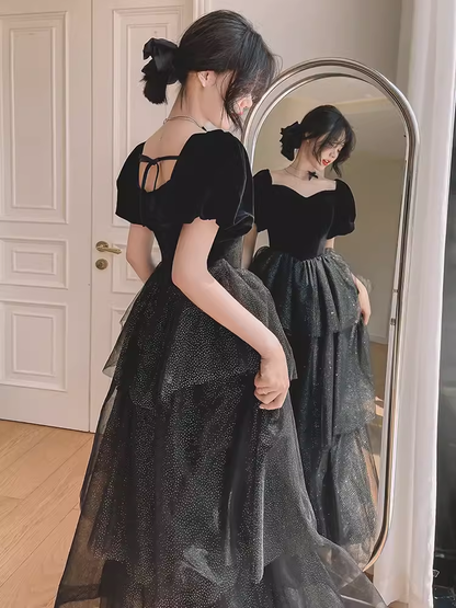 Ball Gown Black Prom Dress With Puffy Sleeves Long Prom Dresses P529