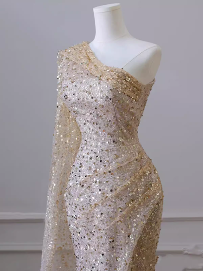 Sexy Mermaid One Shoulder Sequin Slit Long Prom Dress P522