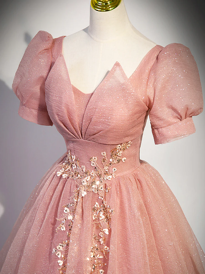 Beautiful Pink Tulle Floor Length Prom Dress with Short Sleeve P619